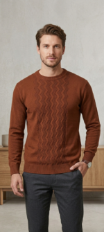 🧥 پلیور مردانه Bershka طرح زیگزاگ برجسته (رنگ آجری / قهوهای) - تصویر 2